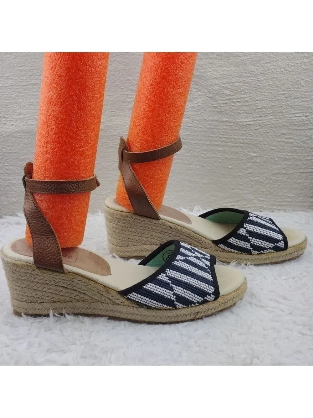Soludos Tan Blue Embroidered Open Toe Wedged Heel Ankle Strap Espadrille Sandal